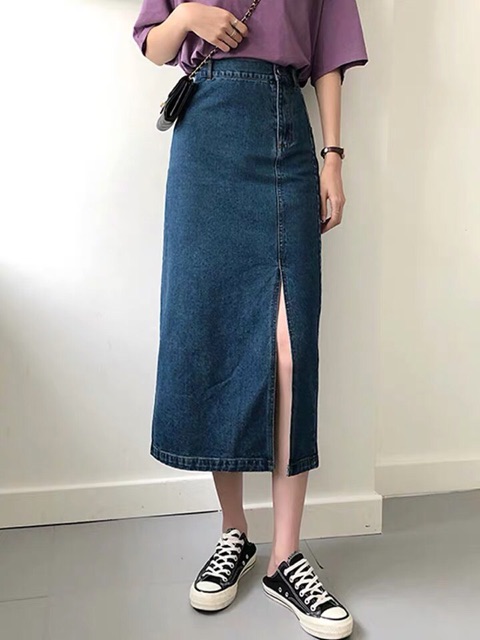 Chân váy bò dáng dài xẻ tà Chân váy denim cạp cao hách dáng