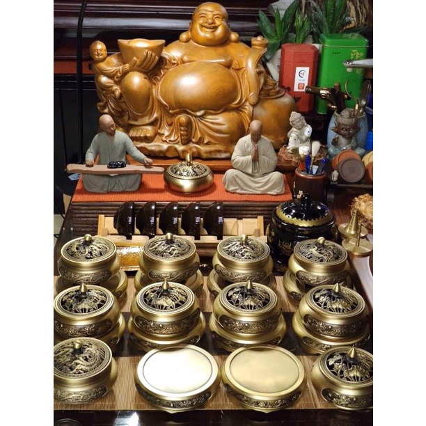 Lư xông trầm bằng đồng nguyên chất khắc hình rồng phượng ưu đãi combo nhang vòng/ trầm nụ