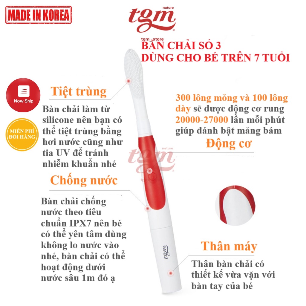 Bàn chải đánh răng điện+ hỗ trợ tưa lưỡi cho bé TGM Nature Made in KOREA