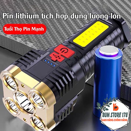 Đèn pin cầm tay siêu sáng 5 bóng với 4 chế độ sáng thiết kế nhỏ gọn, Đèn pin cầm tay sạc điện độ sáng cao