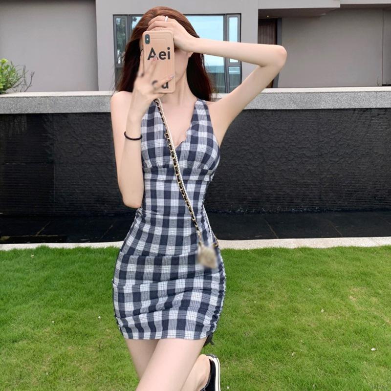 Đầm Hai Dây Cổ Chữ V Hở Lưng Họa Tiết Sọc Caro Phong Cách Hàn Quốc Quyến Rũ Cho Nữ