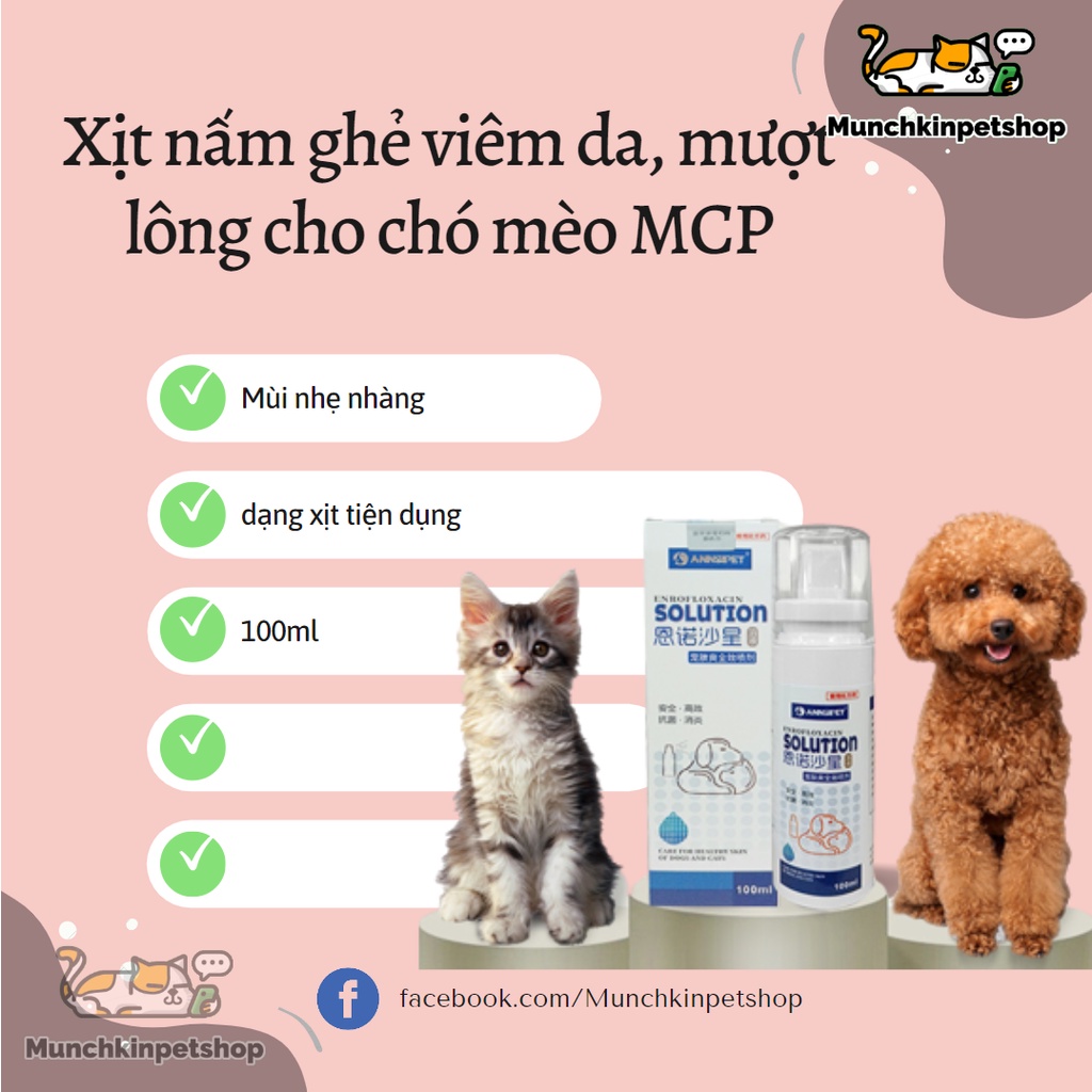 Xịt nấm ghẻ viêm da, mượt lông cho chó mèo MCP-100ML