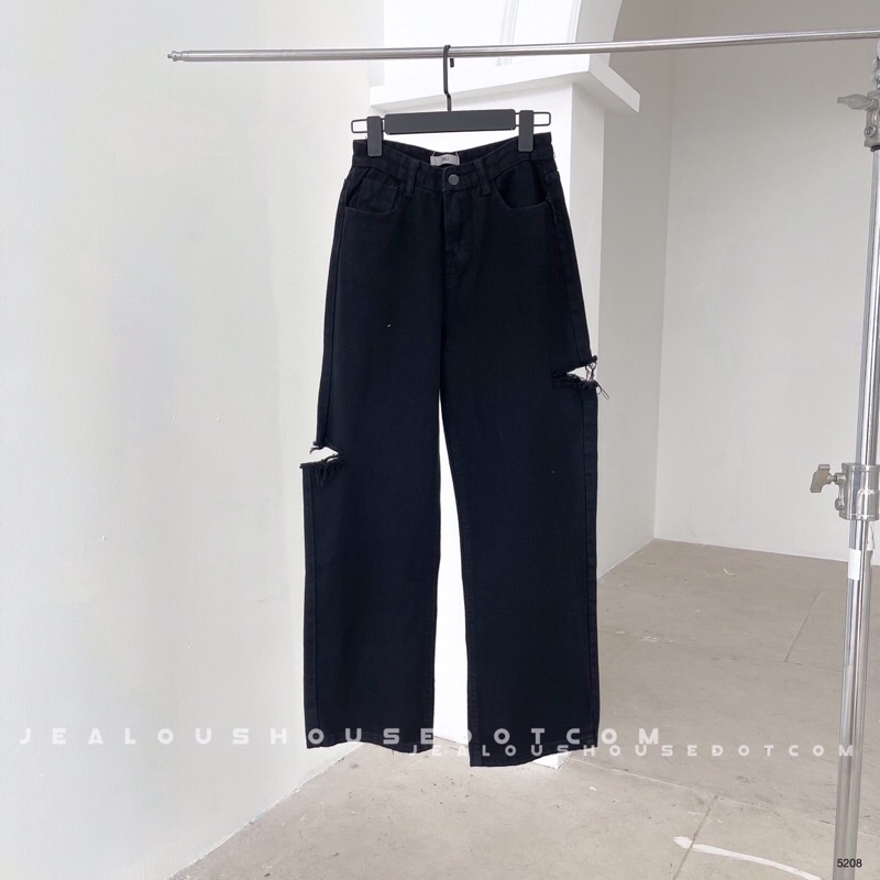 Quần bò nữ, quần dài denim đen rách 2 bên đùi 5208