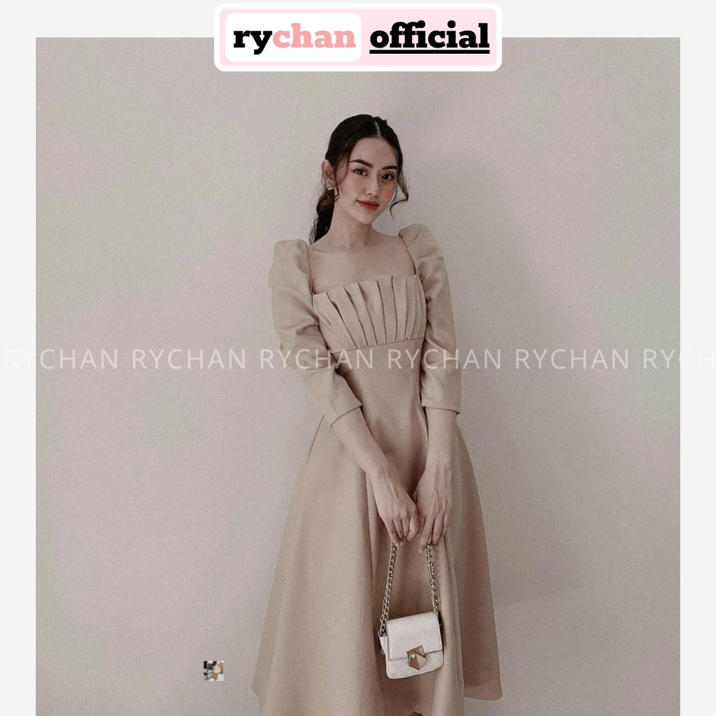 Đầm Xòe Midi Tay Dài Cổ Vuông Xếp Ngực Thắt Nơ Lưng - DX0026