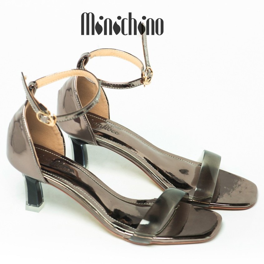 Giày cao gót nữ cao 5cm MINICHINO gót nhọn hở mũi phối dây thời trang màu khói TC015