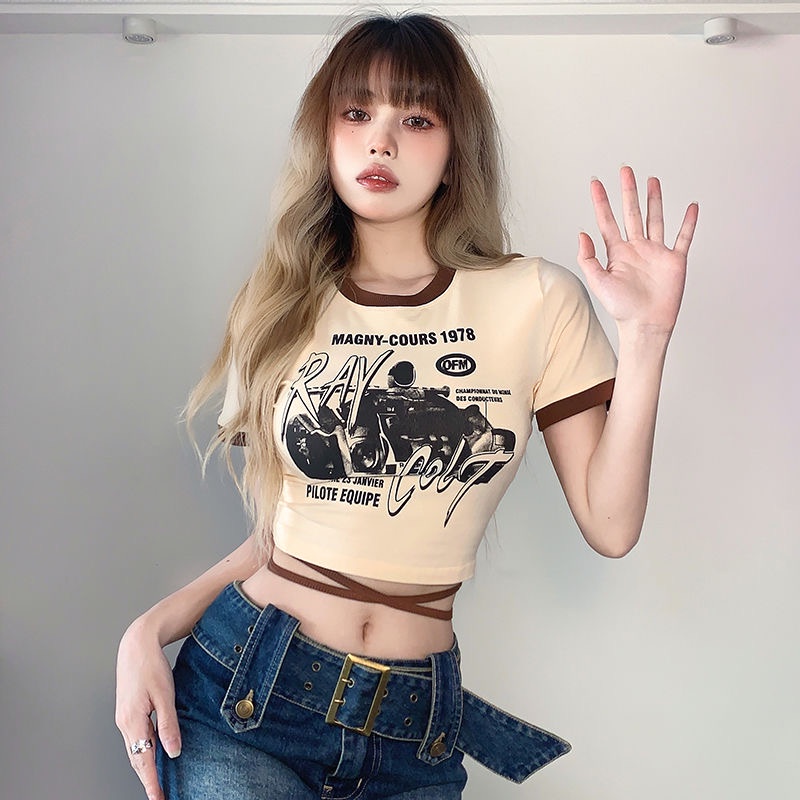 Áo croptop MMIOT tay ngắn cổ tròn thoáng khí in họa tiết thời trang cổ điển đường phố Mỹ đơn giản cho nữ