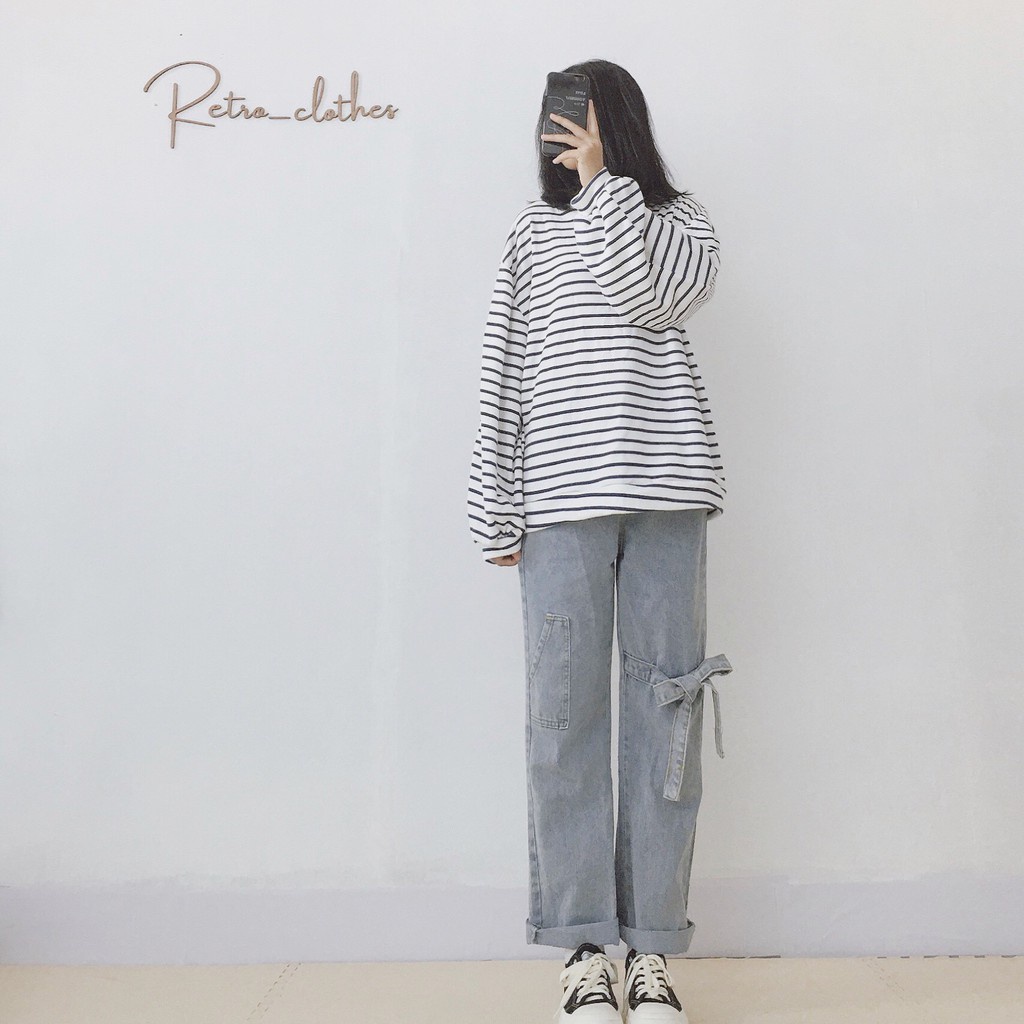 🍂 [Ảnh thật/Tự chụp] Áo kẻ ngang nữ form rộng tay dài basic phong cách Hàn xẻng | BigBuy360 - bigbuy360.vn