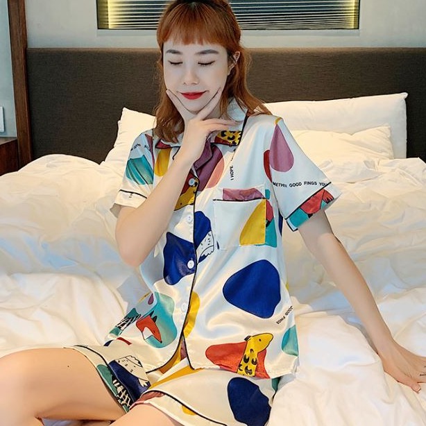 Đồ Ngủ Lụa Ngắn ✽ Họa Tiết Lá✽Bộ Mặc Nhà Khuy Ngắn ✽ 40kg - 78kg
