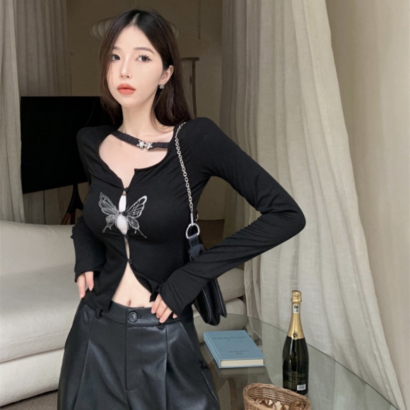 Áo Khoác Cardigan Tay Dài Dáng Ôm In Họa Tiết Bướm Thời Trang Quyến Rũ Cho Nữ