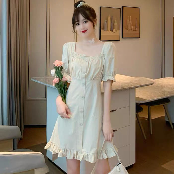 Women's skirt Korean Fashion Short Sleeve Pleated Square Neck Skirt