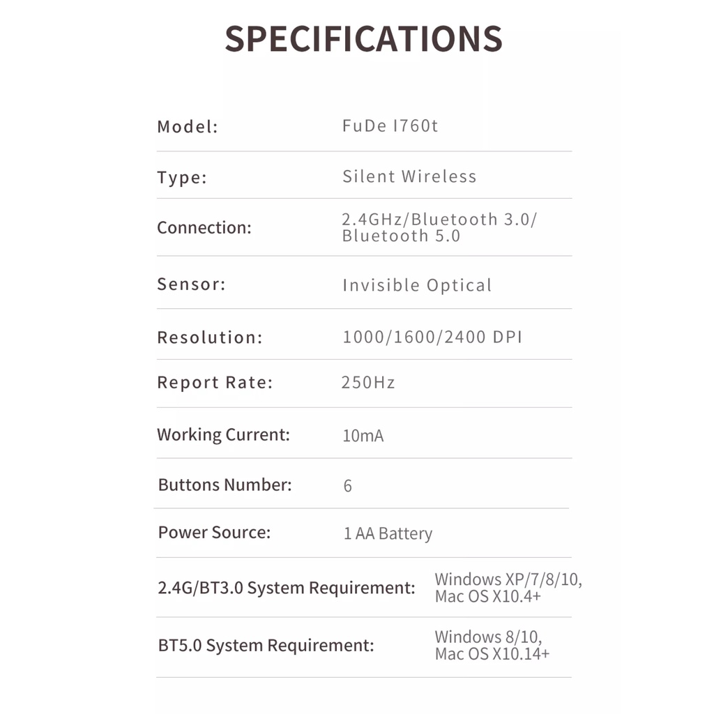 Chuột Không Dây FD I760t, Chuột 2.4GHz Bluetooth 3.0/5.0 Có Thể Điều Chỉnh Kết Nối DPI Hai Bên Cho Máy Tính Xách Tay Máy