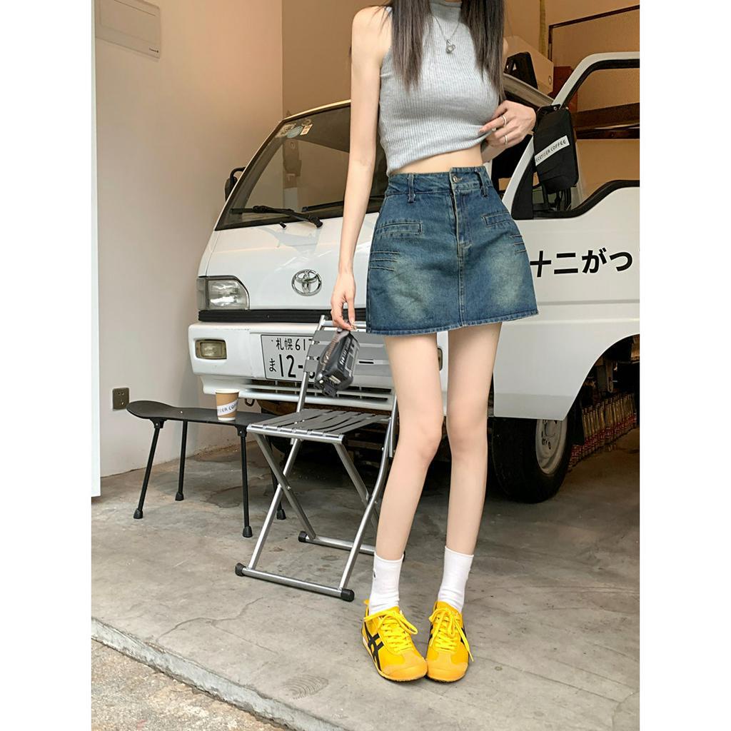 Lalisas Chân váy jean Ngắn Chữ A Lưng Cao Phong Cách retro Mỹ Cho Nữ