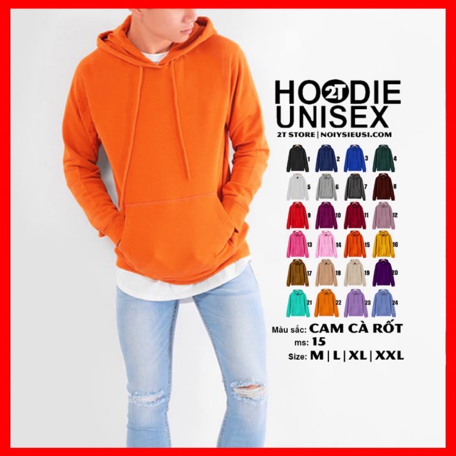 Áo hoodie unisex 2T Store H15 màu cam cà rốt - Áo khoác nỉ chui đầu nón 2 lớp dày dặn đẹp chất lượng