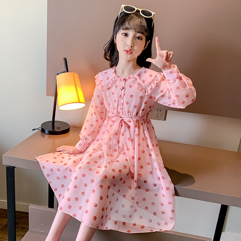 Đầm Tay Dài Cổ Bẻ Họa Tiết Chấm Bi Đơn Giản Thời Trang Mùa Hè Mới Dành Cho Bé Gái 2022