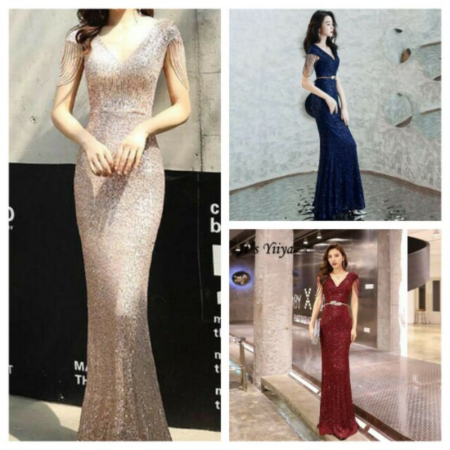 Đầm dạ hội kim sa đính chuỗi pha Lê cao cấp