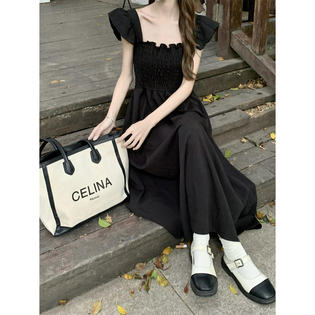 Đầm Đi Biển Cổ Vuông Màu Đen Phong Cách Vintage Dành Cho Nữ