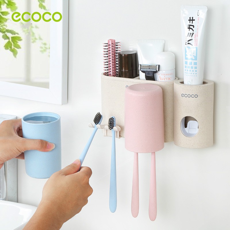 combo bộ ECOCO nhả kem đánh răng và cốc đựng bàn chải đánh răng cao cấp