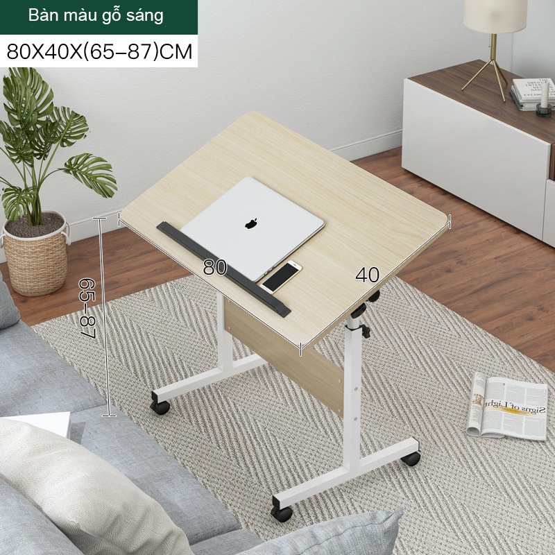 Bàn làm việc laptop kích thước nhỏ mặt bàn xoay 360 độ, bàn để máy tính thay đổi chiều cao có bánh xe di chuyển dễ dàng