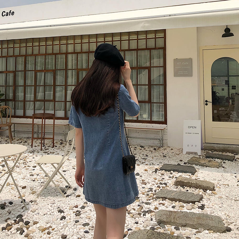 Đầm Denim Cổ Polo Tay Lỡ Phong Cách Hàn Quốc Dành Cho Nữ 34146