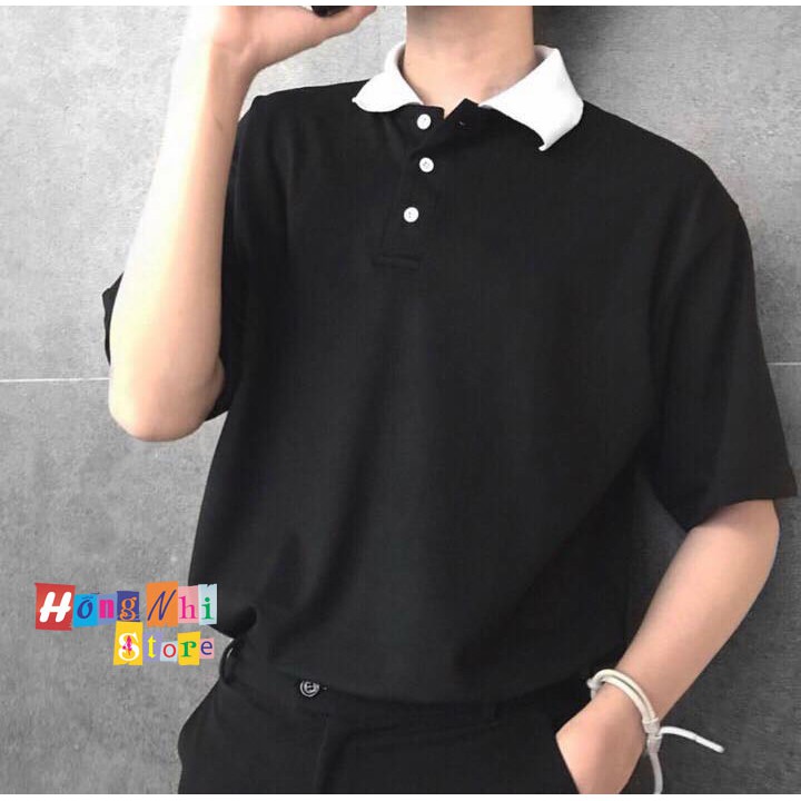 ÁO THUN POLO PHỐI CỔ TAY LỠ MÀU ĐEN - ÁO POLO MIX UNISEX BLACK - MM