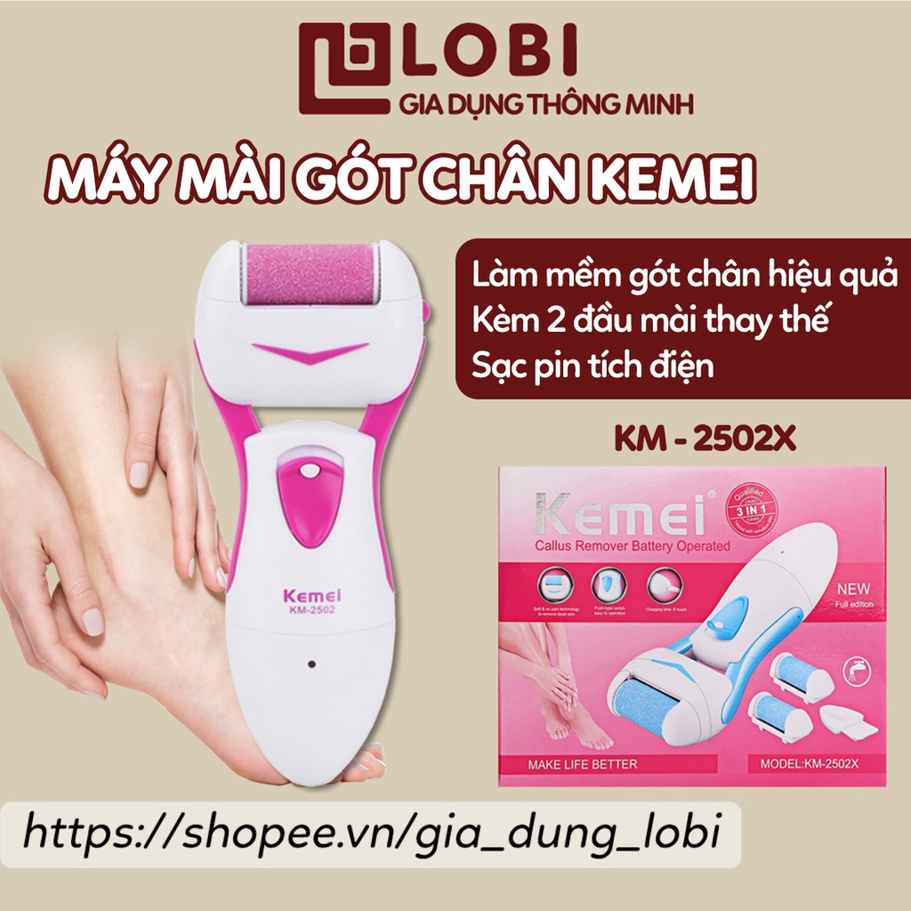Máy chà gót chân Kemei KM-2502X máy mài gói chân tẩy tế bào chết sạc pin tích điện kèm 2 đầu mài dự phòng tiện lợi