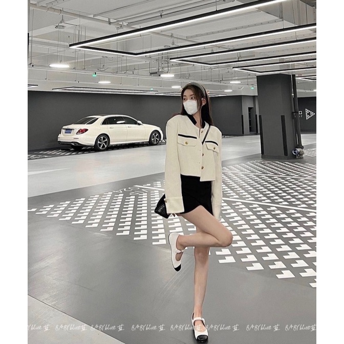 SET 3 MÓN: KHOÁC DẠ TRẮNG VIỀN CỔ ĐEN + CROP 2S REN + CHÂN VÁY ĐEN