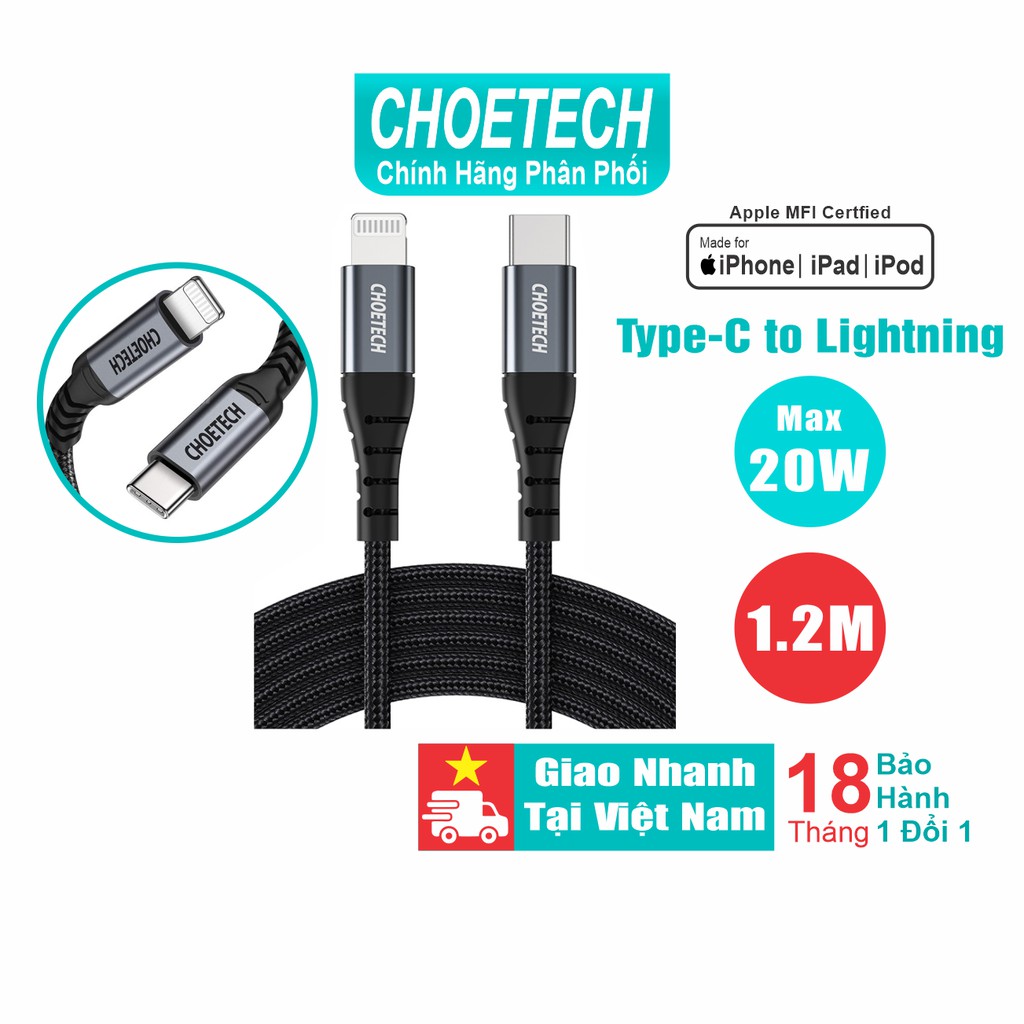 Dây Cáp Sạc USB Type C To Lightning CHOETECH IP0039 MFI C94 Dài 1.2M Sạc Nhanh iPhone iPad - Hàng Chính Hãng