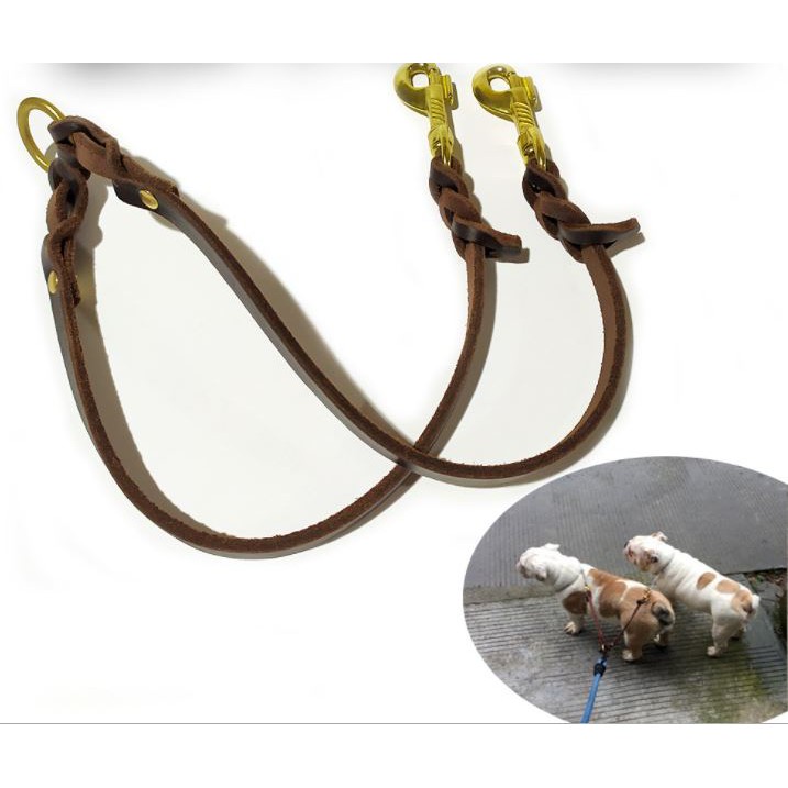 dây dắt đôi cho chó bằng da bò bản 1.2cm ,móc khóa và chốt bằng đồng