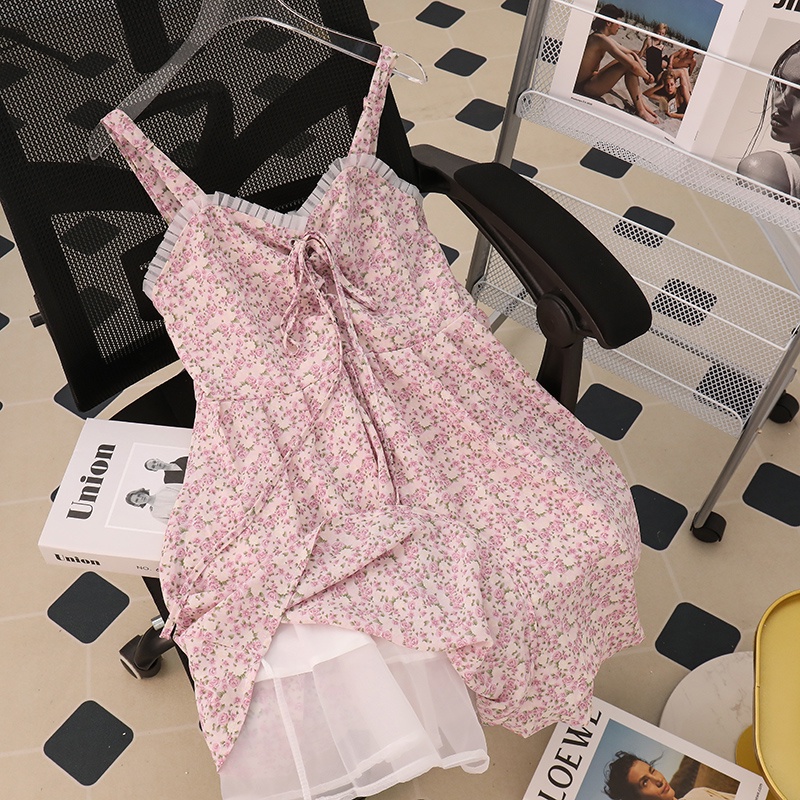 NUZIRO  Đầm Hoa Hai Dây Cổ Chữ V Màu Hồng Phong Cách Retro Hàng Mới Dành Cho Nữ