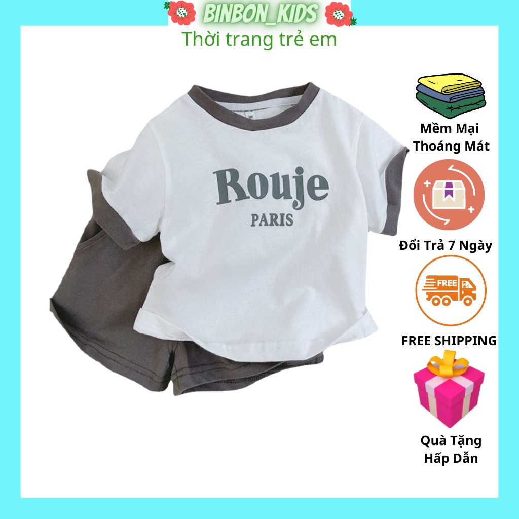 Quần áo cộc tay bé trai BINBON KIDS, Bộ quần áo cho bé In Chữ Rouje Paris siêu hot cho bé Từ 7-28kg