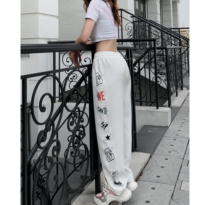 Quần jogger nữ ống rộng Delyn,quần ống rộng lưng thun thể thao thiết kế dây rút mặc suông bo gấu track pants