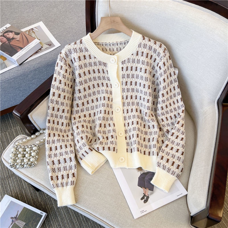 Áo Khoác Cardigan Dệt Kim Tay Dài Cổ Tròn Họa Tiết Kẻ Sọc Màu Sắc Tương Phản Thời Trang Thu Đông Cho Nữ