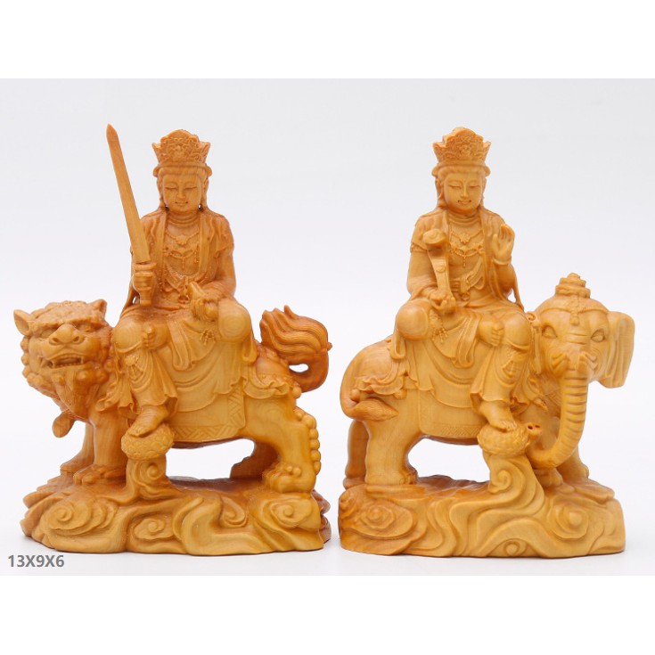 Bộ 2 tượng Văn Thù và Phổ Hiền Bồ Tát 13x9x6cm gỗ hoàng dương