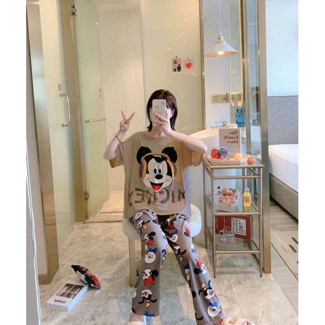 [SẴN] Đồ Bộ Ngủ Thun Quần Dài, Đồ Mặc Nhà Hàng Quảng Châu, Pijama Hoạt Hình Micky nâu Dễ Thương