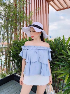 Set váy áo trễ vai xanh