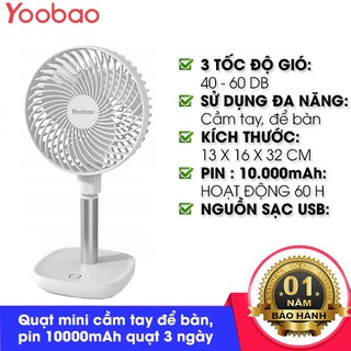 Quạt sạc Mini Yoobao F1 10000mAh - Dùng 60h liên tục Hàng chính hãng