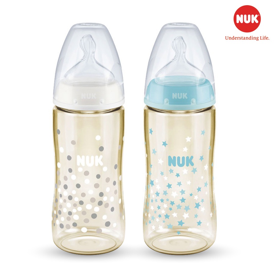 Bình sữa cảm biến nhiệt NUK nhựa PPSU cao cấp chuẩn EU núm ti silicone chỉnh nha 150ml, 300ml