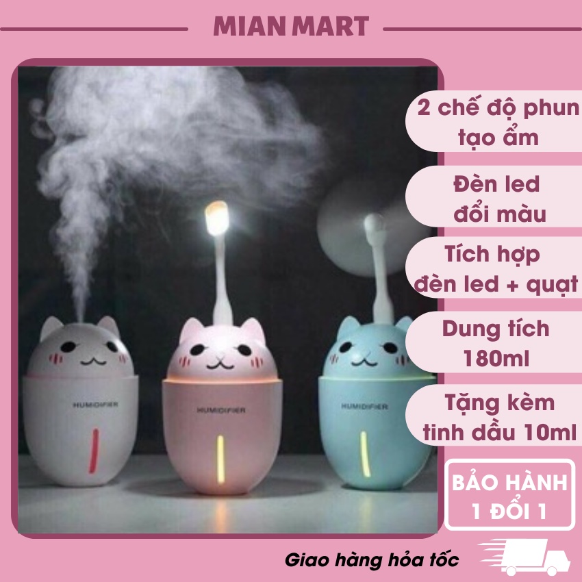 Máy phun sương, máy tạo ẩm kết hợp đèn ngủ led và quạt hình mèo - MIAN MART