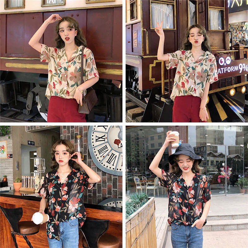 Áo chiffon tay ngắn hoạ tiết in phong cách retro