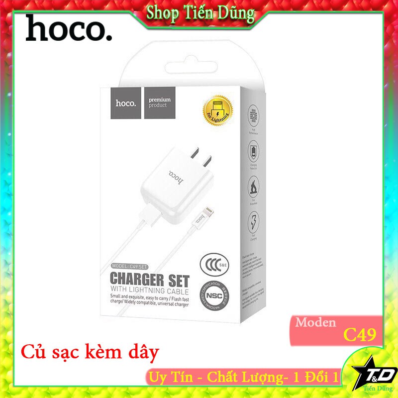 Cốc sạc nhanh hoco C49 kiêm dây sạc dòng 1 cổng USB 2A - Bộ sạc hoco C49 có dây lightning hoặc micro để lựa chọn