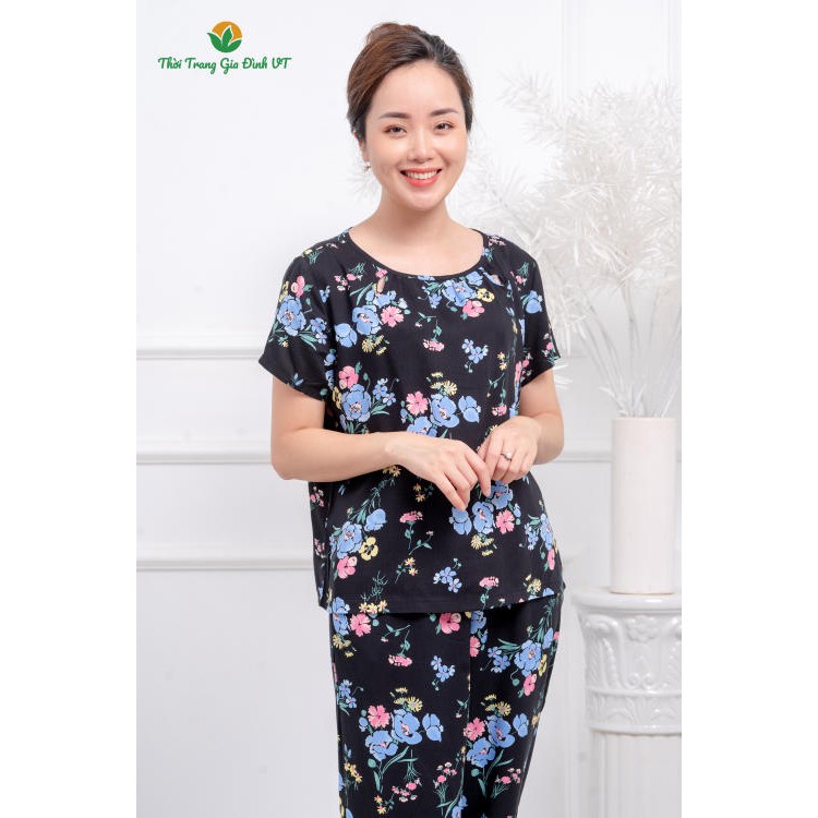 Bộ lanh mặc nhà quần lửng áo cộc lanh họa tiết B06.2131 - Thời Trang Gia Đình VT