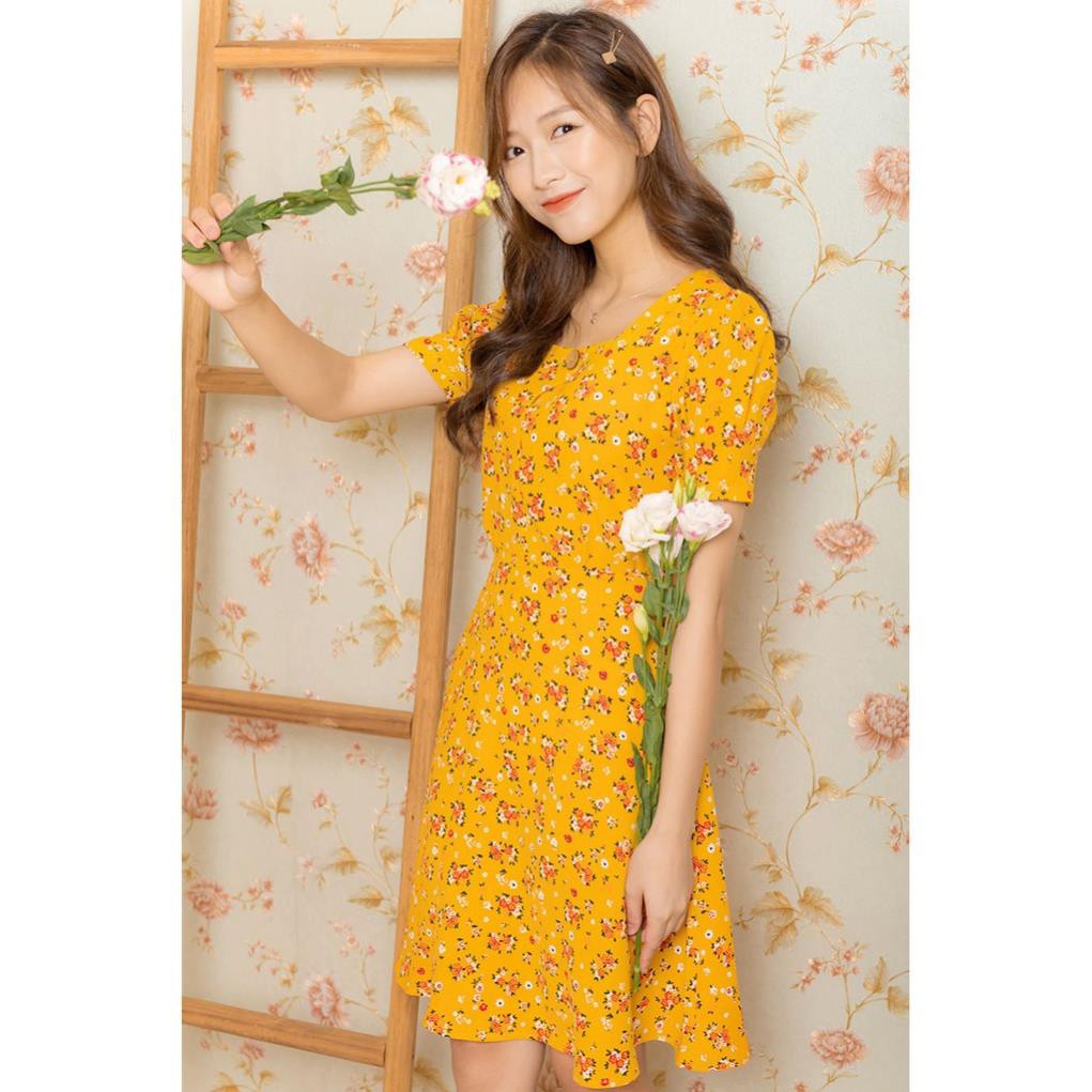 [Freeship] Váy Hoa Nhí, Váy hoa dáng xòe màu vàng cổ vuông đính khuy tay phồng đủ 4 size S M L XL e1058 [Ảnh thật] đẹp ༷