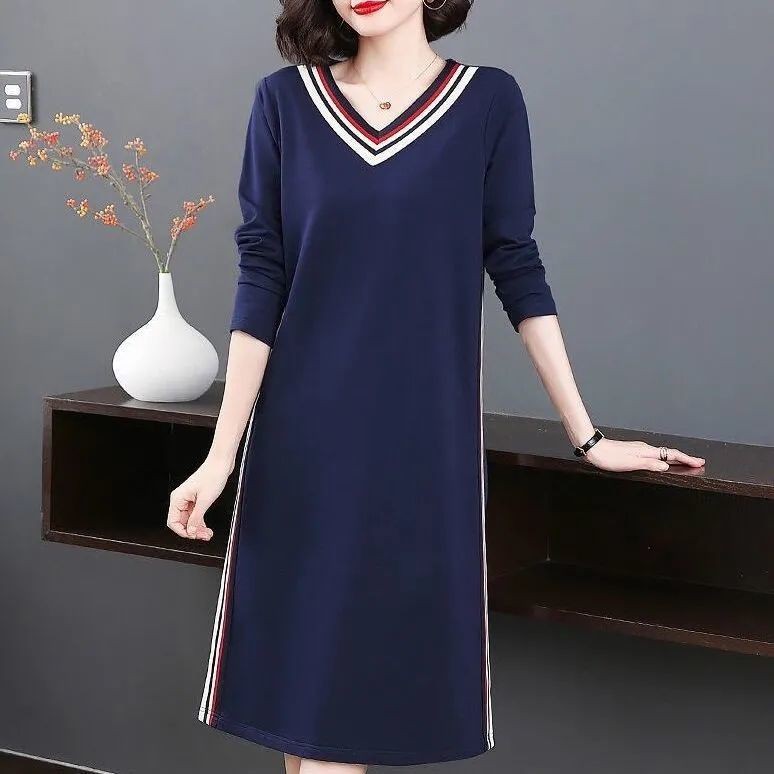 Đầm Tay Dài Dáng Rộng Cổ Chữ V Phong Cách Xuân Thu Cỡ Lớn 100KG