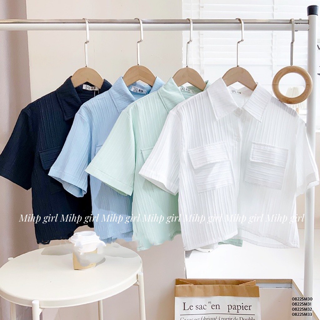 Áo sơ mi croptop 2 túi oversize vải xốp gân