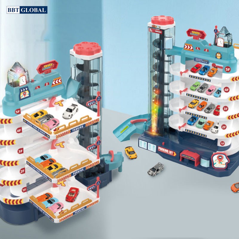 Mô hình đường đua kỳ thú đường hầm khủng long kết hợp Garage ô tô 5 tầng có đèn và nhạc - Babycuatoi