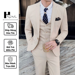 Bộ vest nam màu kem Hàn Quốc dáng 1 cúc-Hai TaiLor