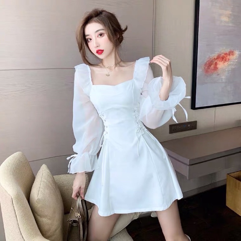 Váy trắng tiểu thư dự tiệc chụp ảnh kỷ yếu siêu xinh-Hàng cao cấp loại 1-váy trắng cổ vuông đan eo phong cách hàn quốc