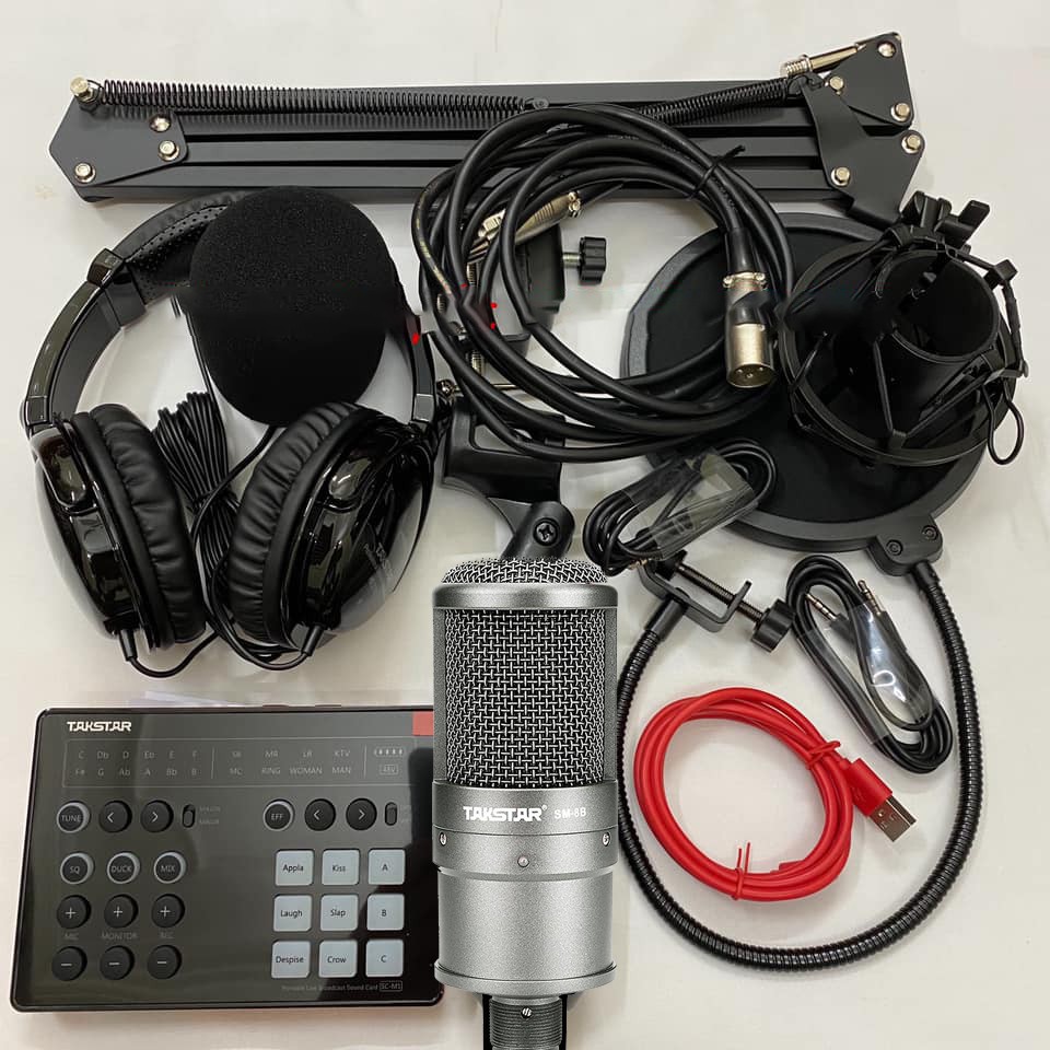 Combo trọn bộ sound card Takstar SC-M1 và Micro Takstar SM-8B thu âm live stream, karaoke cực hay, kẹp bàn màng lọc, tai