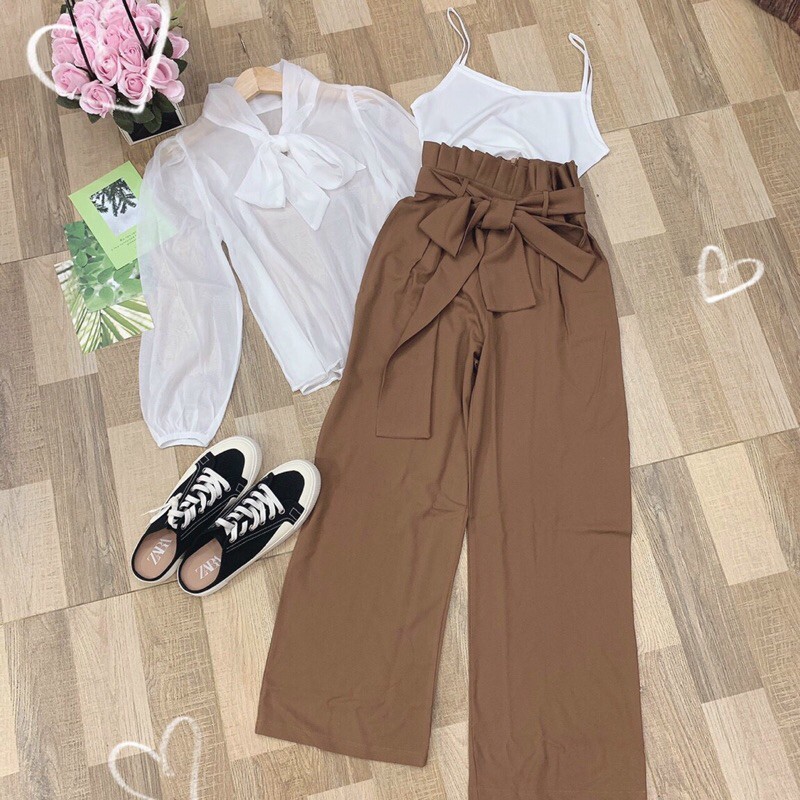 SET ÁO SƠ MI NƠ VOAN TRẮNG QUẦN CULOTTES NÂU TÂY