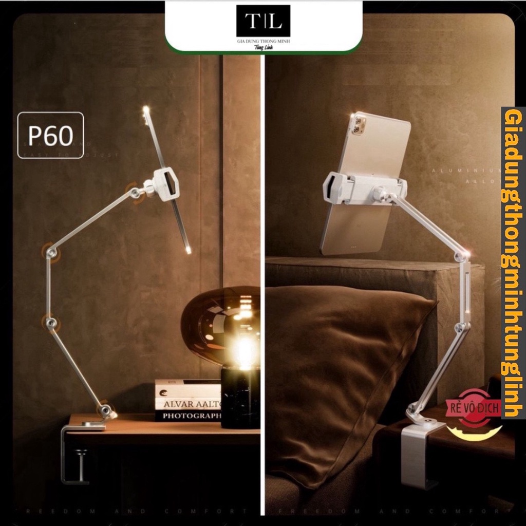 Giá Đỡ Điện Thoại, Ipad Nhôm Gấp Gọn Kẹp Bàn - Kẹp điện thoại xoay 360°, đệm bảo vệ chống va đập, phù hợp 4-13 Inch